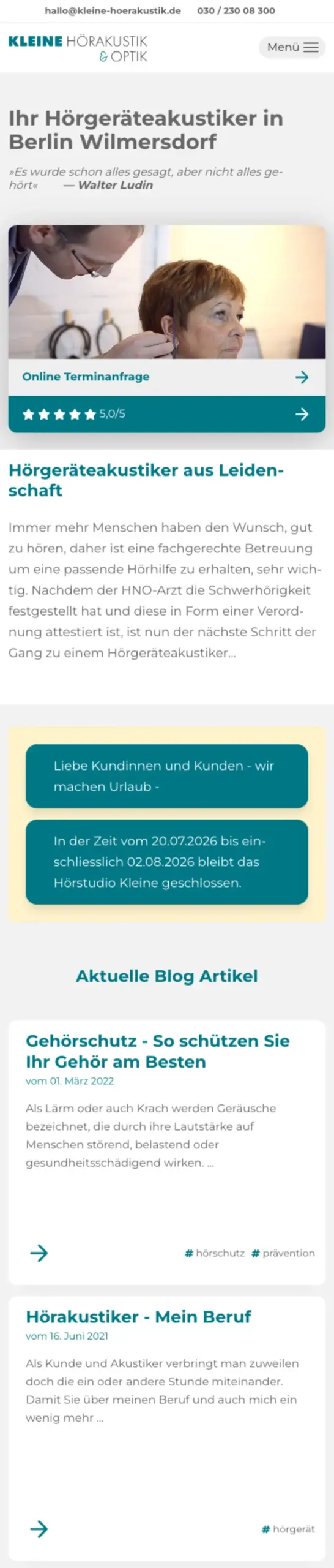 Website von Kleine Hörakustik & Optik, Berlin in der Mobilansicht