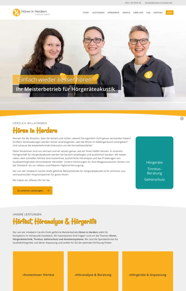Startseite der Website von Hörakustiker START aus Freiburg in der Desktop-Ansicht