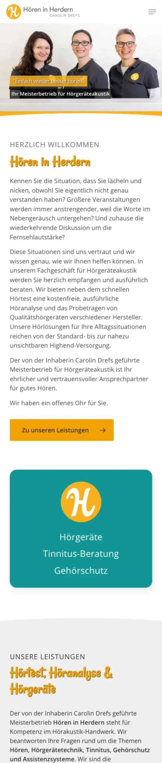 Website von Hören in Herdern, Freiburg im Breisgau in der Mobilansicht