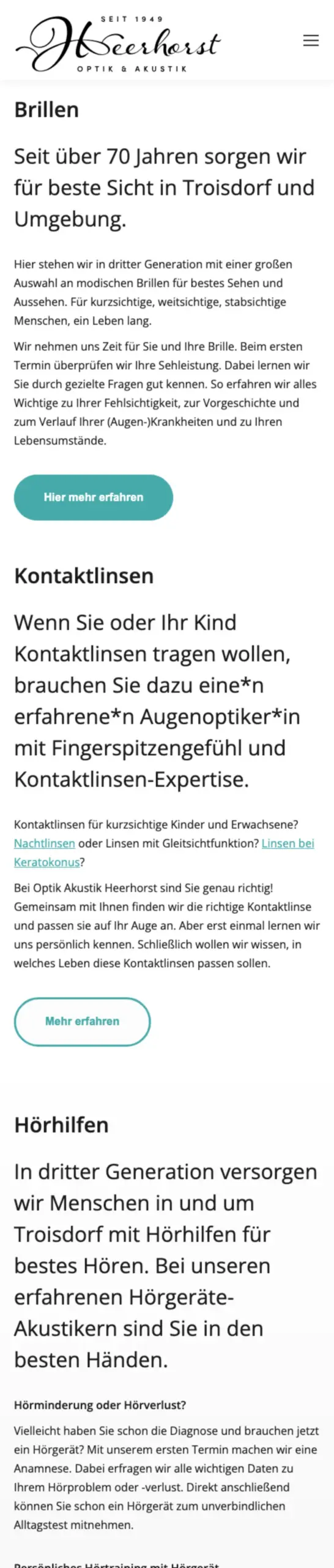 Website von Optik-Akustik Heerhorst, Rhein-Sieg-Kreis in der Mobilansicht