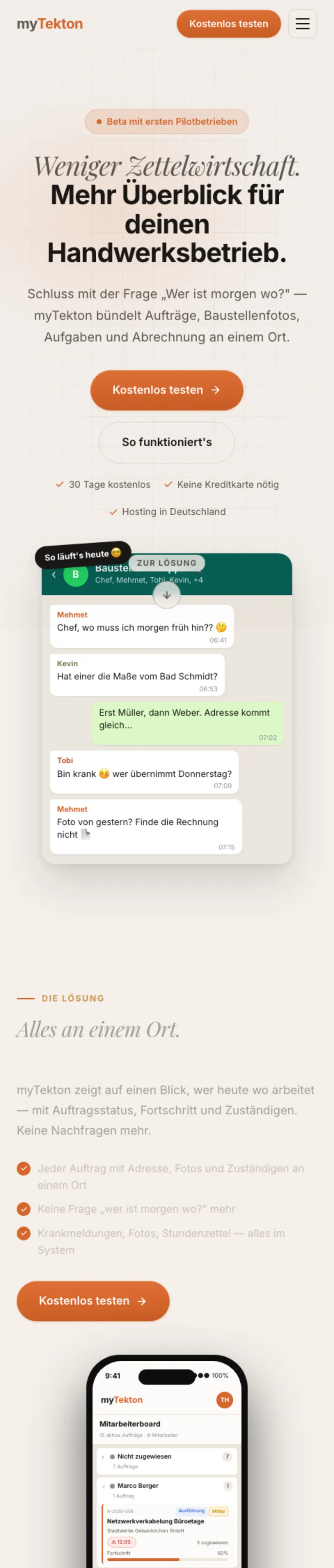 Website von myTekton, Gelsenkirchen in der Mobilansicht