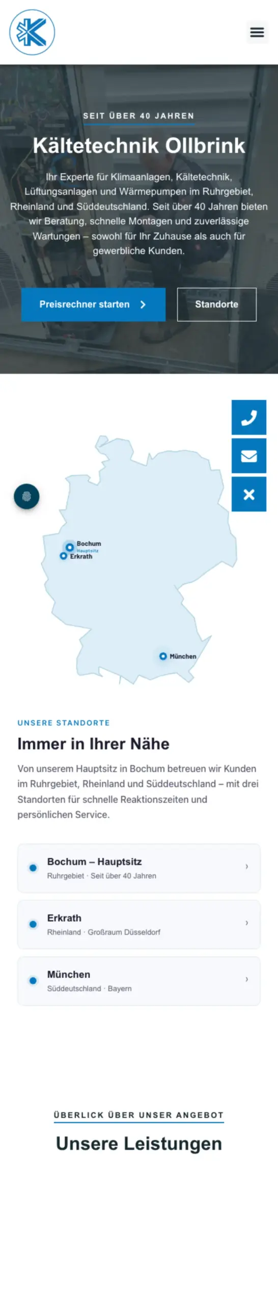Website von Kältetechnik Olibrink GmbH, Bochum in der Mobilansicht