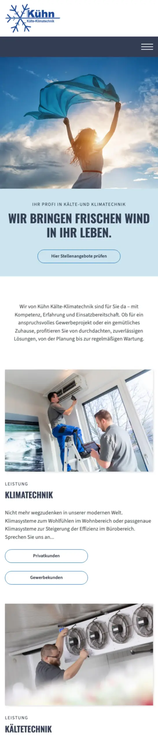 Website von Kühn Kälte‑Klimatechnik, Frankfurt am Main in der Mobilansicht