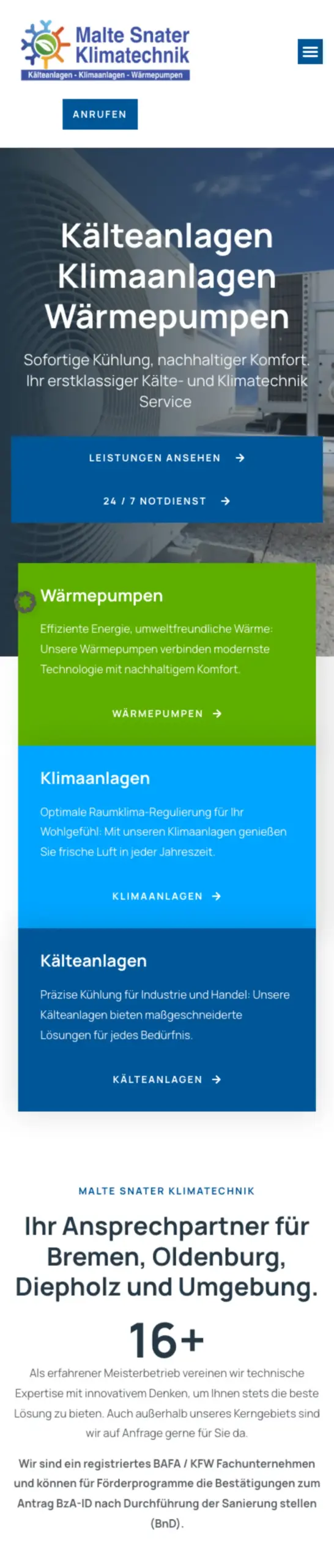 Website von Malte Snater Klimatechnik, Landkreis Diepholz in der Mobilansicht