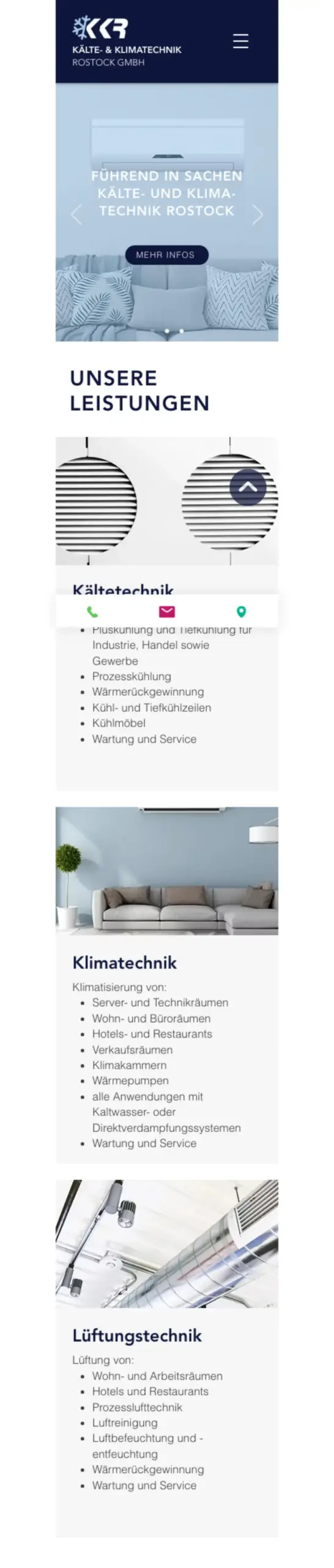 Website von Kälte- und Klimatechnik Rostock GmbH, Rostock in der Mobilansicht