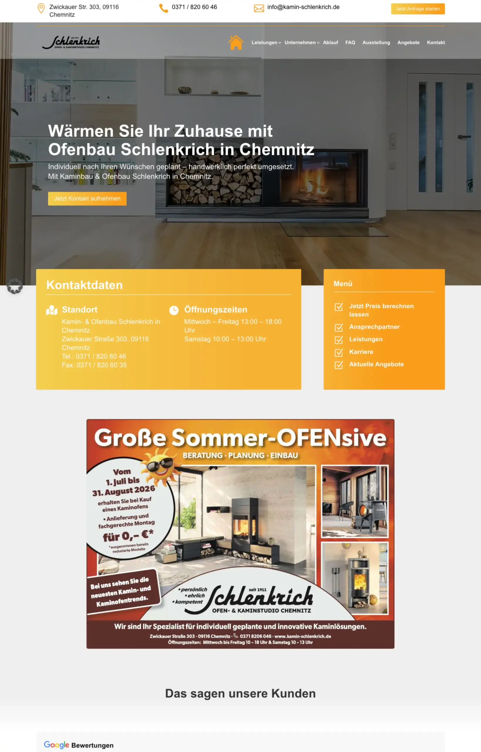 Website von Ofen Schlenkrich, Chemnitz in der Desktop-Ansicht