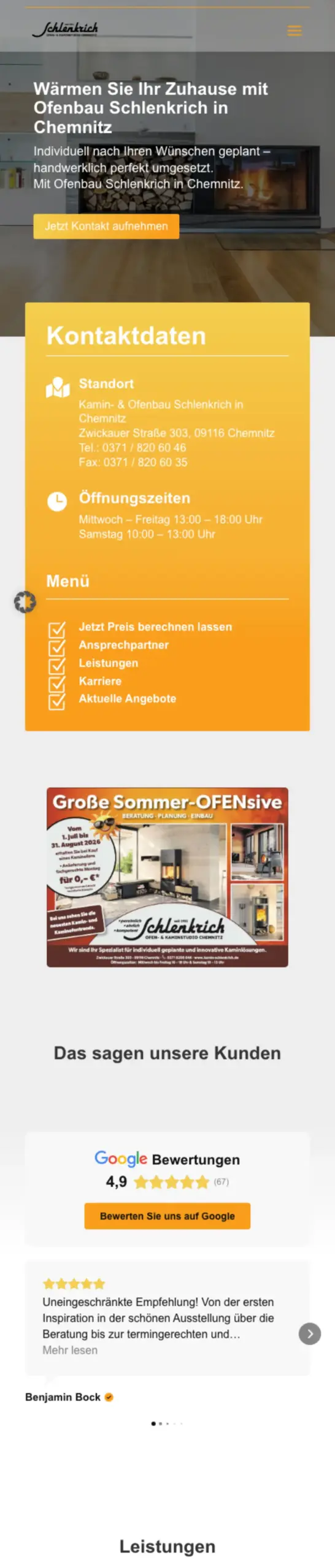 Website von Ofen Schlenkrich, Chemnitz in der Mobilansicht