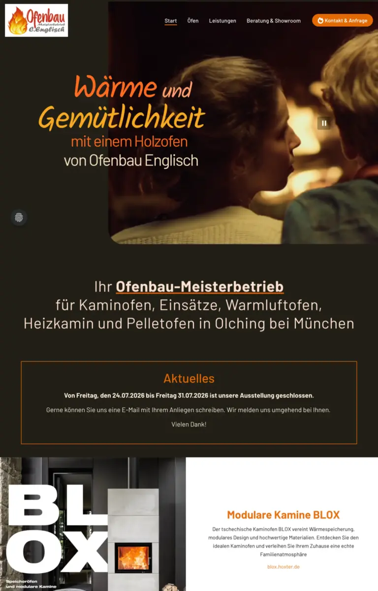 Startseite der Website von Kaminbauer Start aus Olching in der Desktop-Ansicht