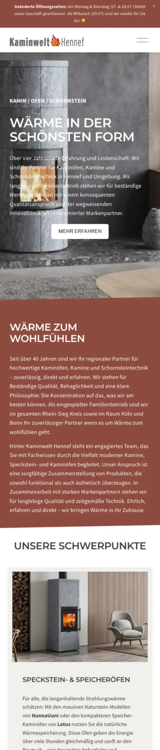 Website von Kaminwelt Hennef, Rhein-Sieg-Kreis in der Mobilansicht