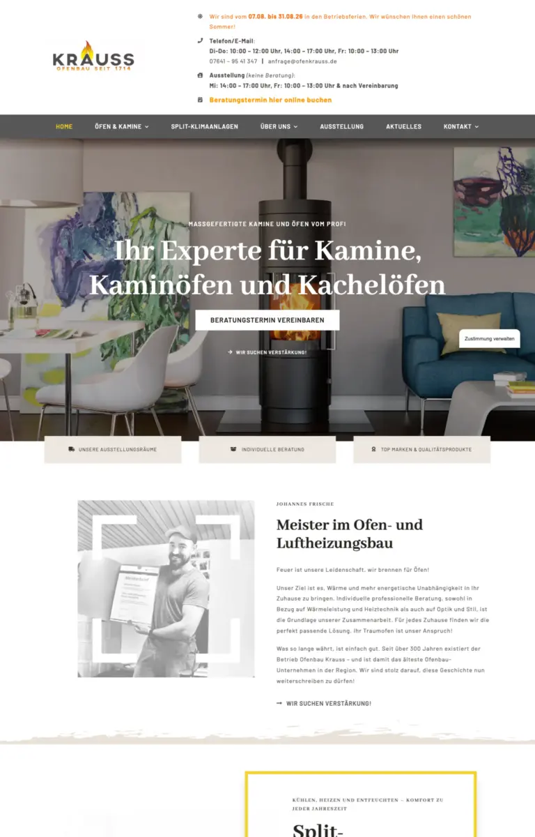 Startseite der Website von Kaminbauer Inh. Johannes Frische e.K. aus Sexau in der Desktop-Ansicht