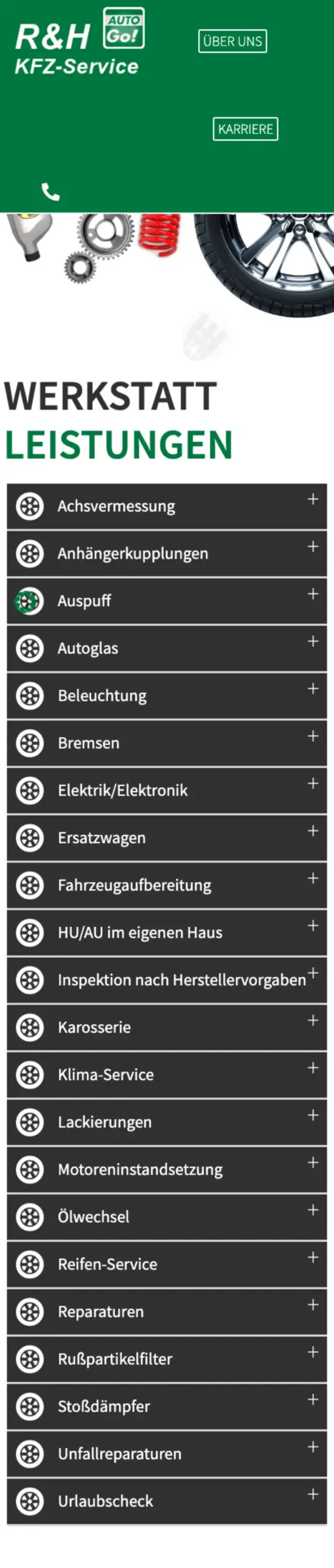 Website von R & H Kfz-Service, Erfurt in der Mobilansicht