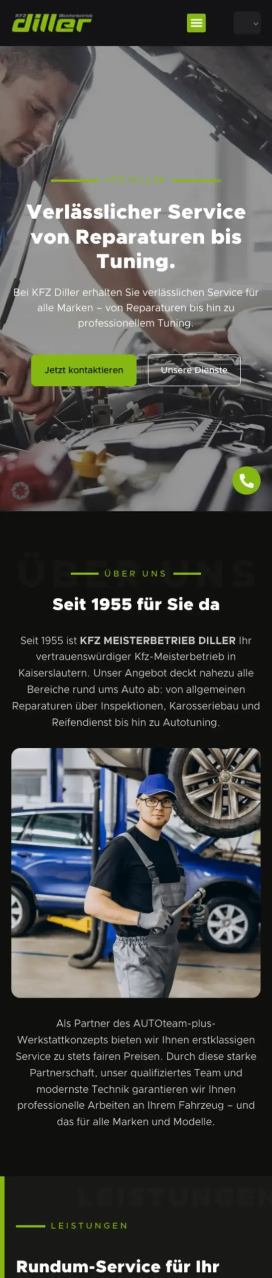 Website von KFZ Diller, Landkreis Kaiserslautern in der Mobilansicht