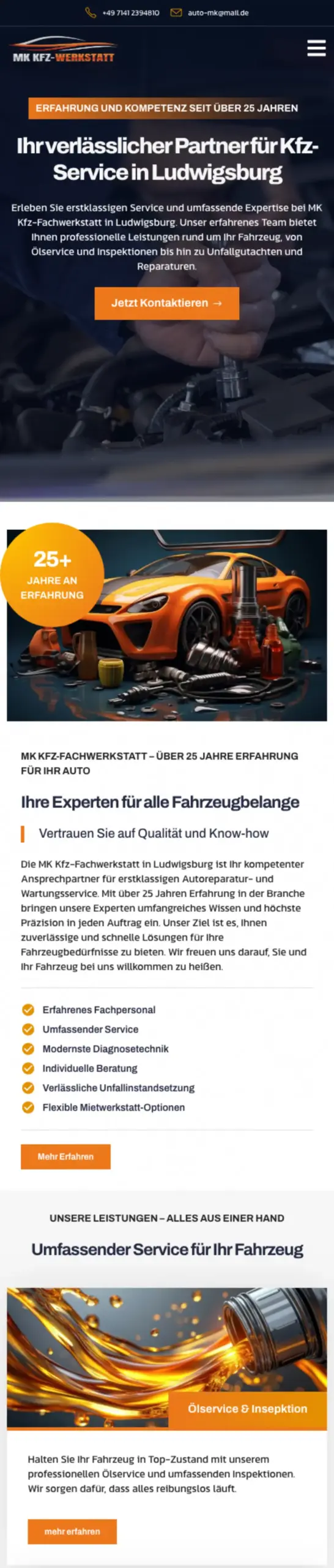 Website von MK Kfz‑Werkstatt, Landkreis Ludwigsburg in der Mobilansicht