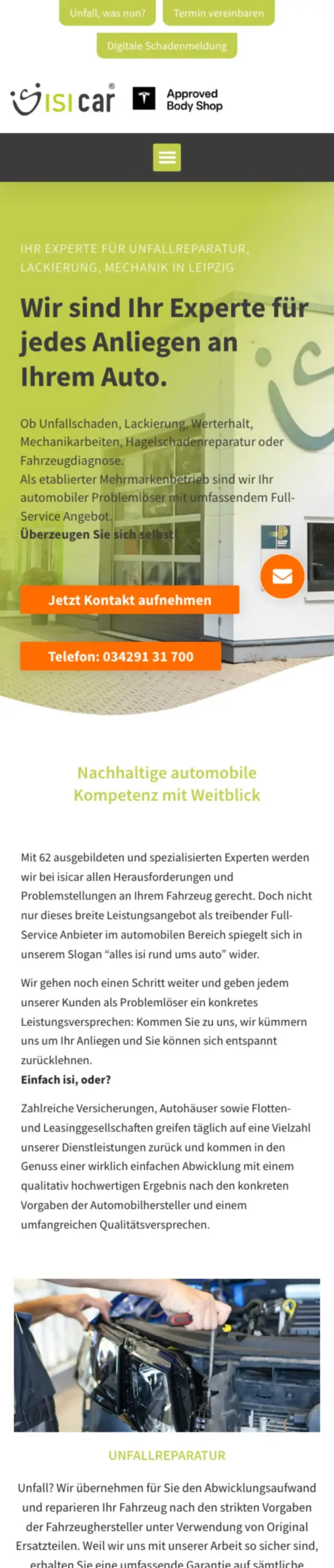 Website von isicar, Leipzig in der Mobilansicht