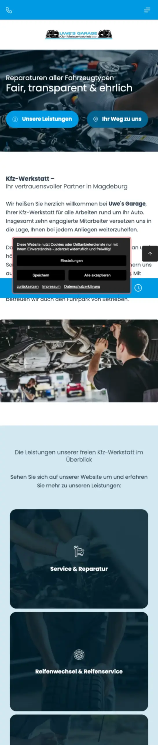 Website von Uwe’s Garage, Magdeburg in der Mobilansicht
