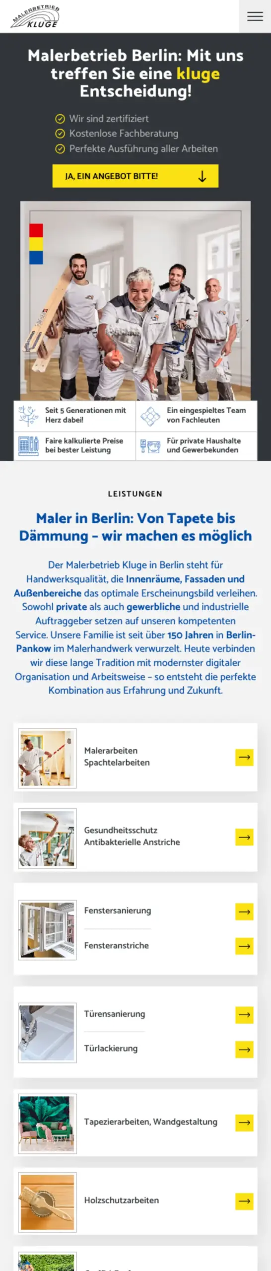 Website von Malterbeit Kluge GmbH, Berlin in der Mobilansicht