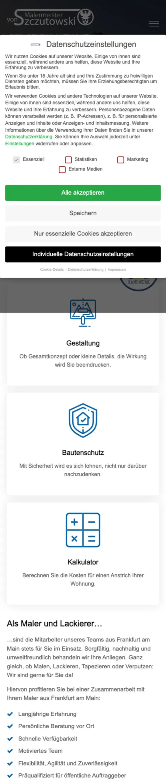 Website von Malermeister Szczutowski, Frankfurt am Main in der Mobilansicht