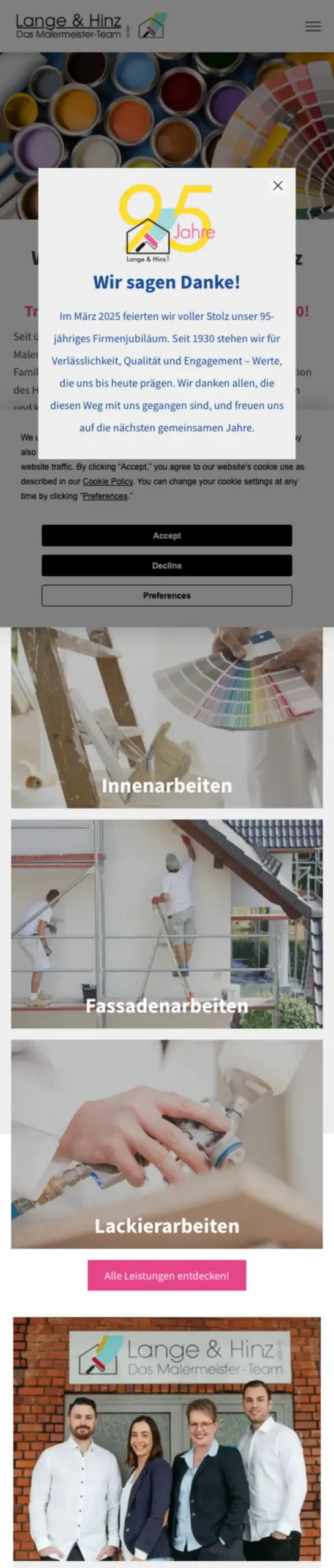 Website von Lange & Hinz – Das Malermeister-Team, Hamburg in der Mobilansicht