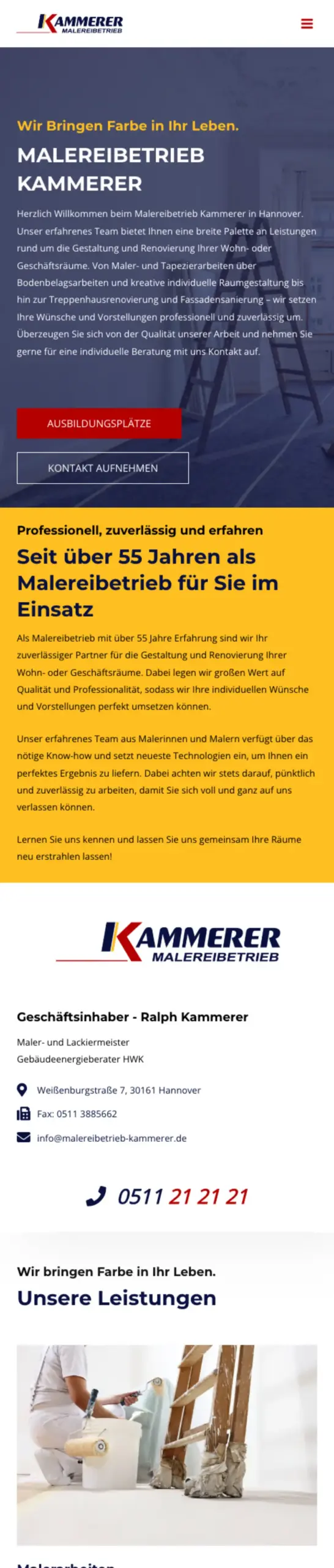 Website von Malereibetriebs Kammerer, Hannover in der Mobilansicht