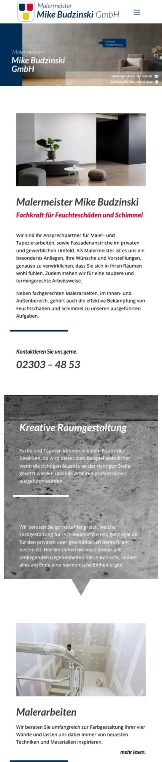 Website von Malermeister Mike Budzinski, Kreis Unna in der Mobilansicht