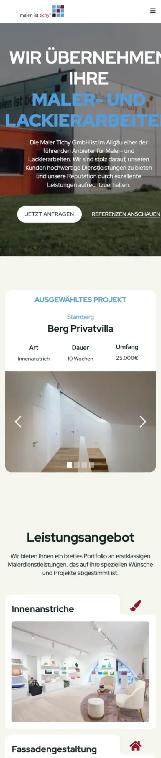 Website von Maler Tichy, Landkreis Ostallgäu in der Mobilansicht