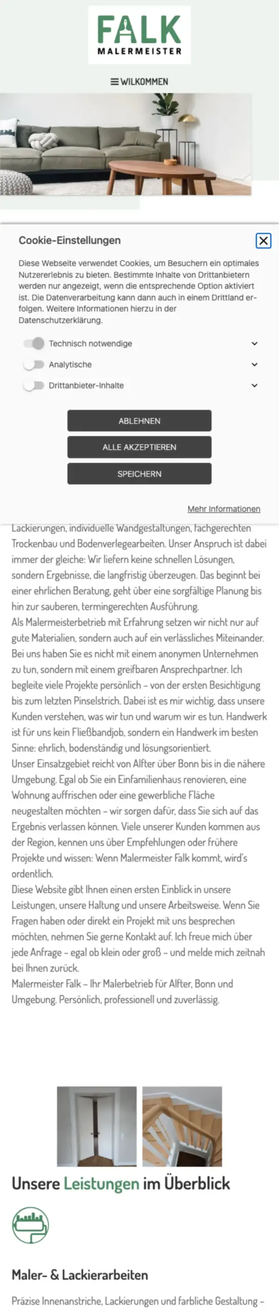 Website von Malermeister Falk, Rhein-Sieg-Kreis in der Mobilansicht