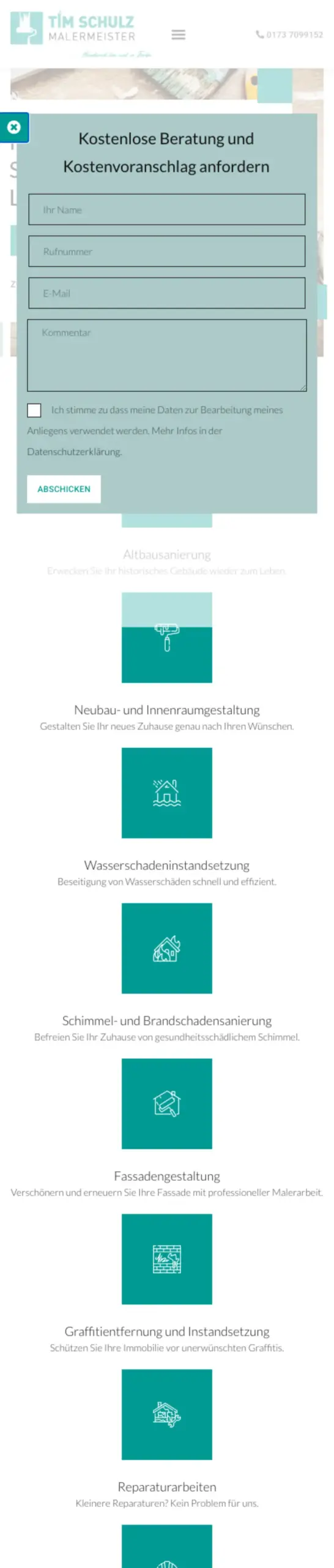 Website von Malermeister Tim Schulz, Rhein-Sieg-Kreis in der Mobilansicht