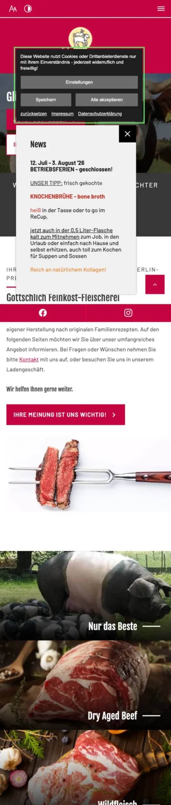 Website von Fleischerei Christian Gottschlich, Berlin in der Mobilansicht