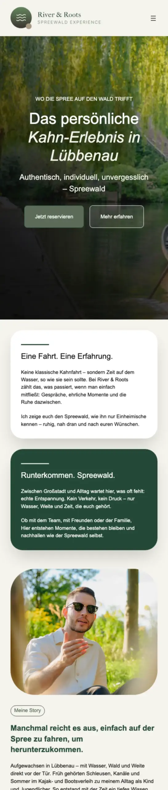 Website von River and Roots, Nick Pospischil Kahnfahrten, Landkreis Oberspreewald-Lausitz in der Mobilansicht