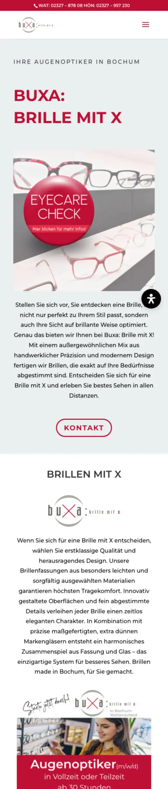 Website von Buxa: Brille mit X, Bochum in der Mobilansicht