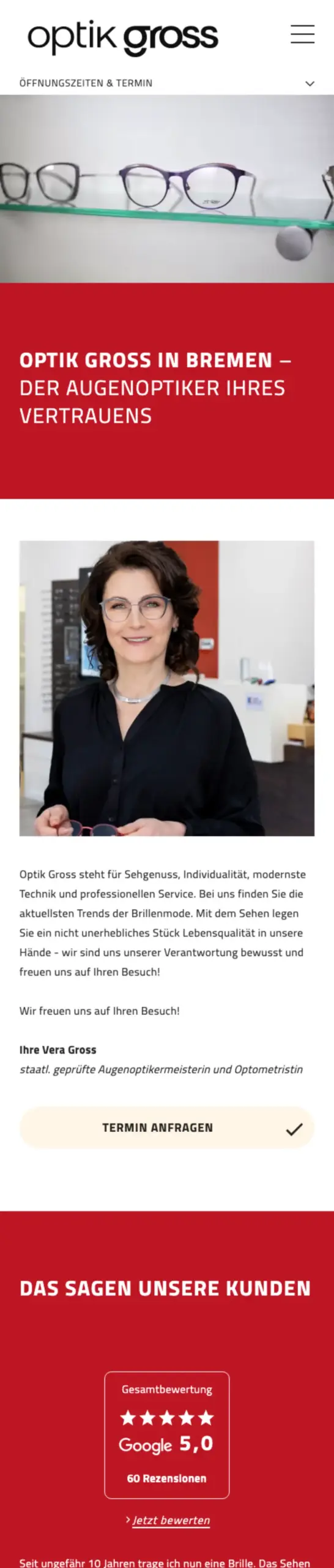 Website von Optik Gross, Bremen in der Mobilansicht