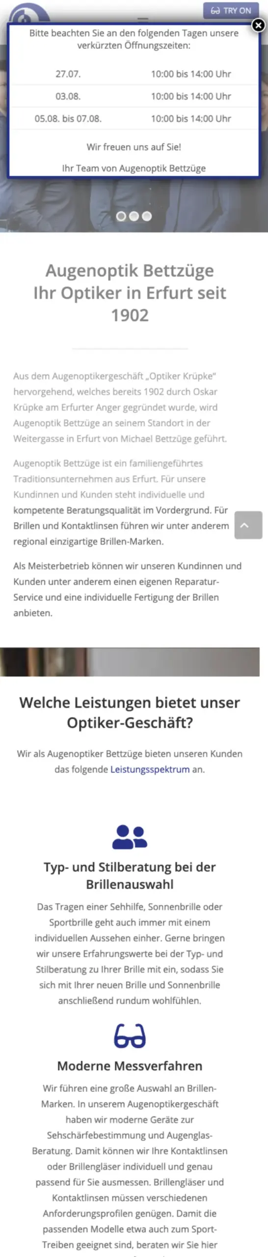 Website von Augenoptik Bettzüge, Erfurt in der Mobilansicht