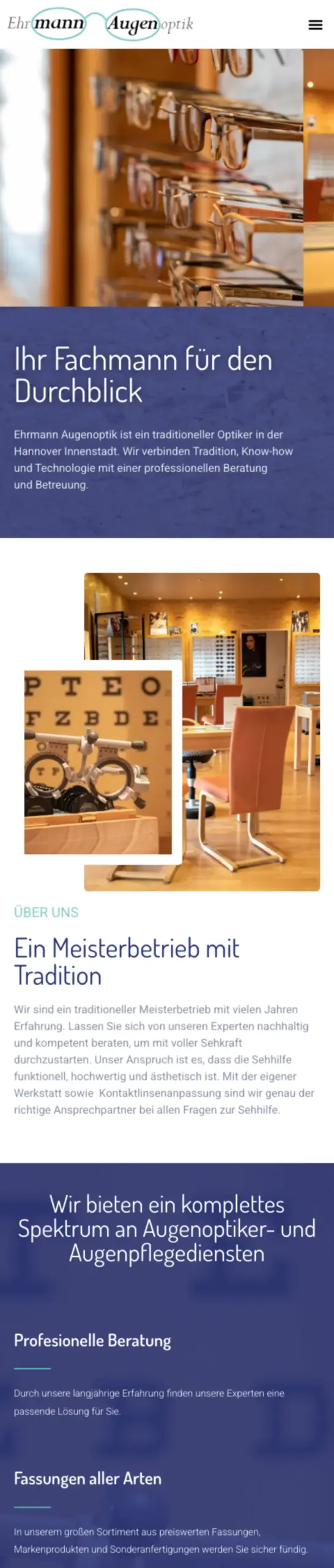 Website von Ehrmann Augenoptik, Hannover in der Mobilansicht