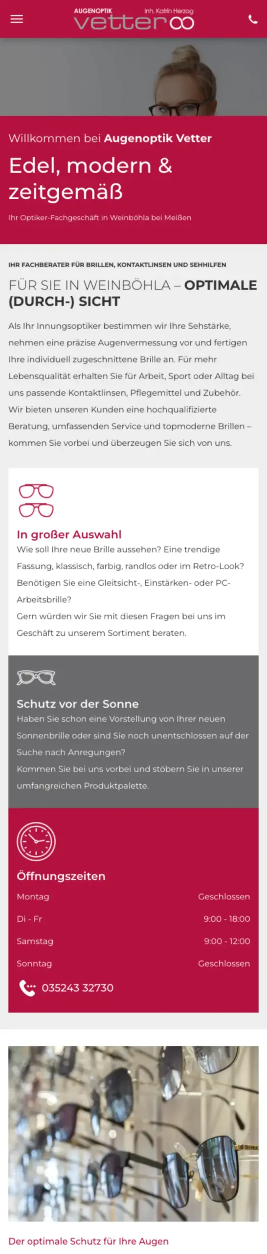 Website von Augenoptik Vetter, Landkreis Meißen in der Mobilansicht