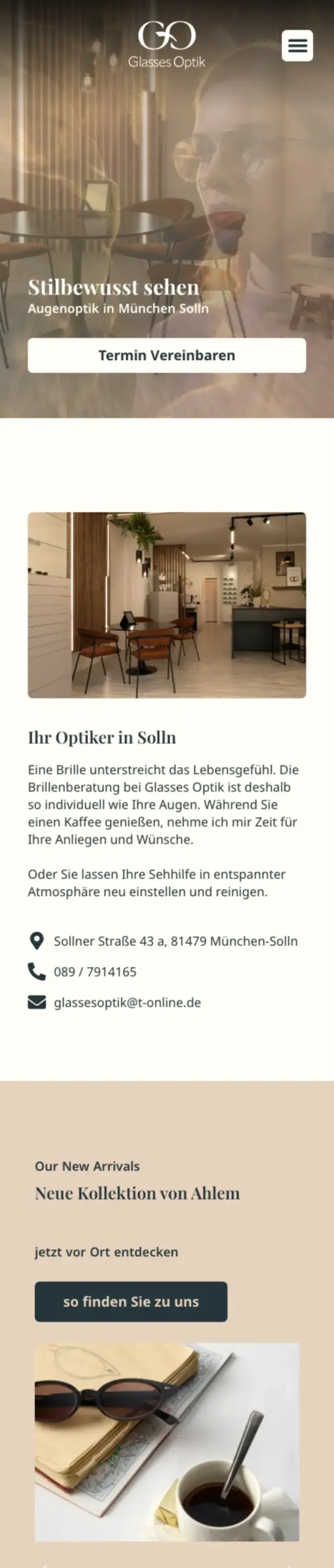 Website von Glasses Optik, München in der Mobilansicht