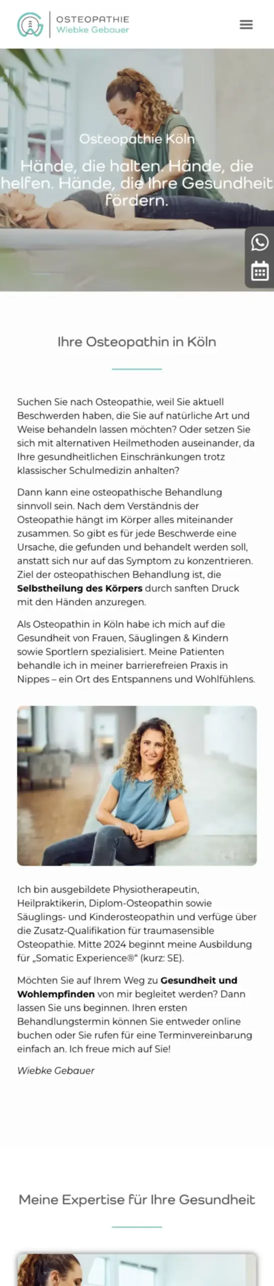 Website von Osteopathie Wiebke Gebauer, Köln in der Mobilansicht