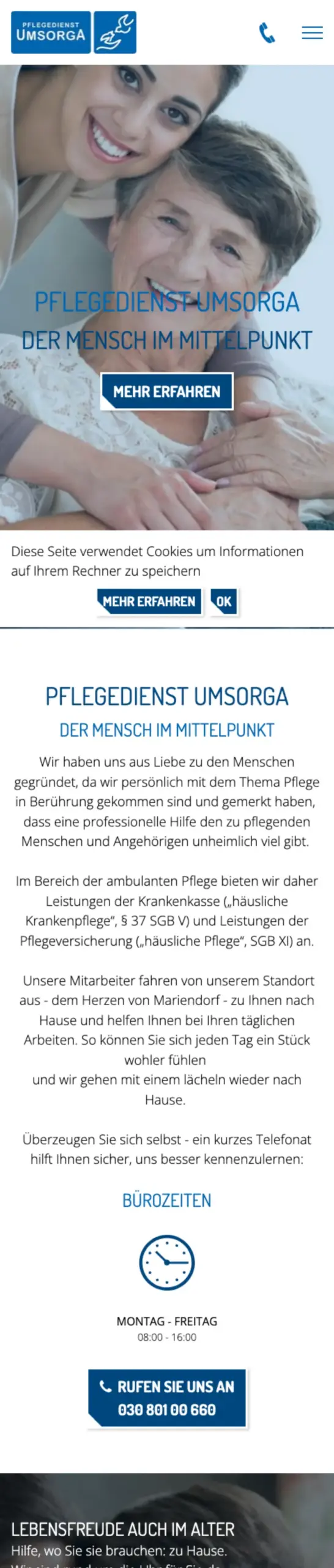 Website von Pflegedienstes Umsorga, Berlin in der Mobilansicht