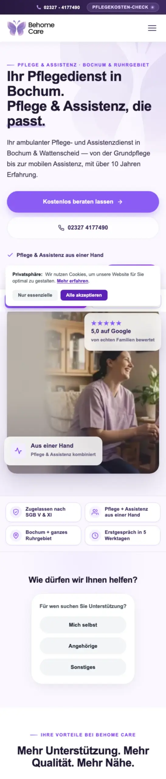 Website von Behome Care UG, Bochum in der Mobilansicht