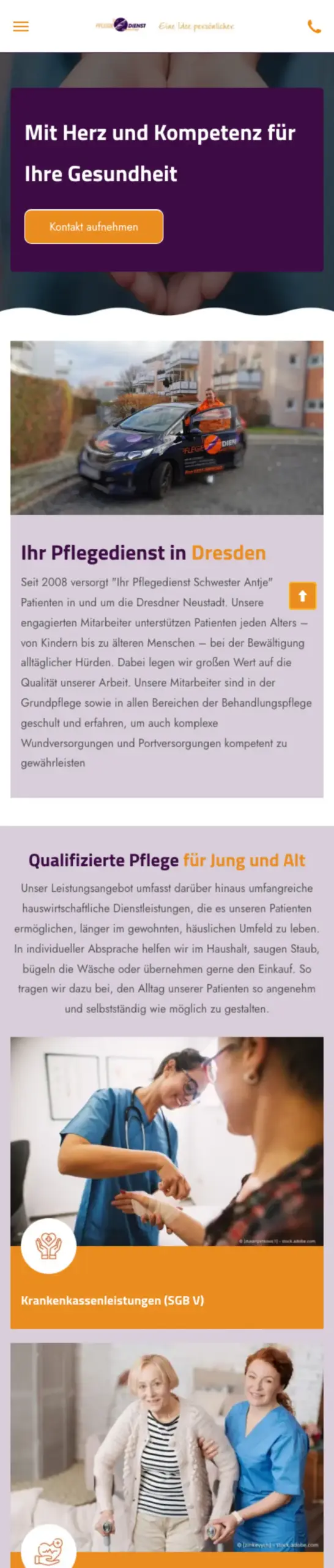 Website von Pflegedienst Schwester Antje, Dresden in der Mobilansicht