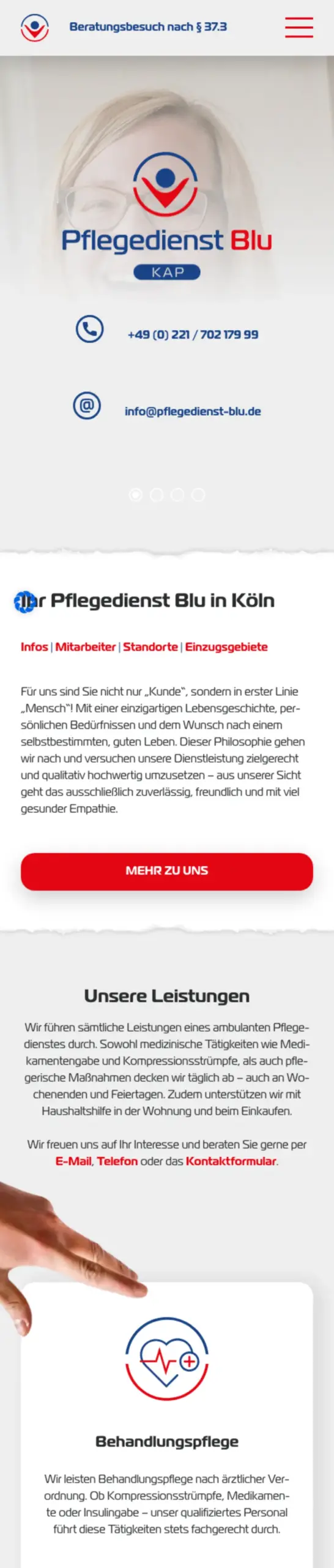 Website von Pflegedienst Blu, Köln in der Mobilansicht