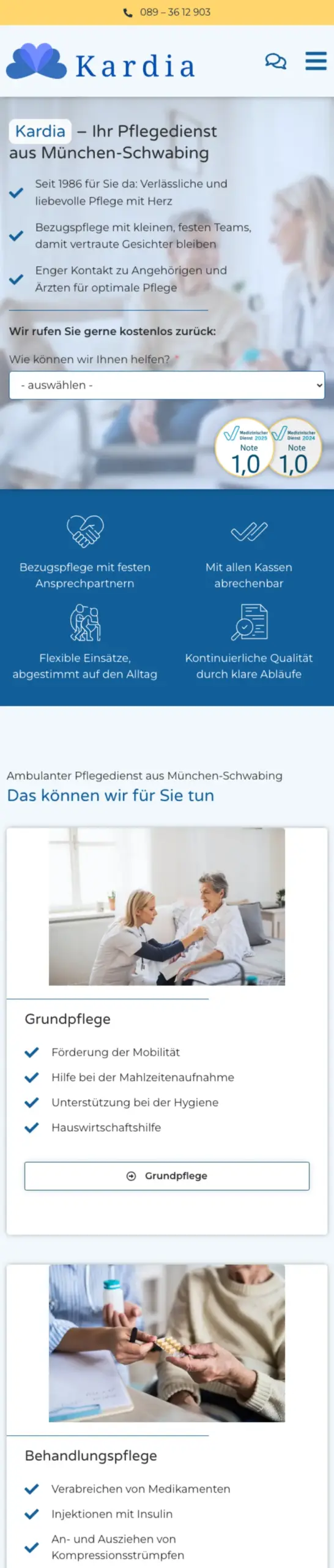 Website von Kardia, München in der Mobilansicht
