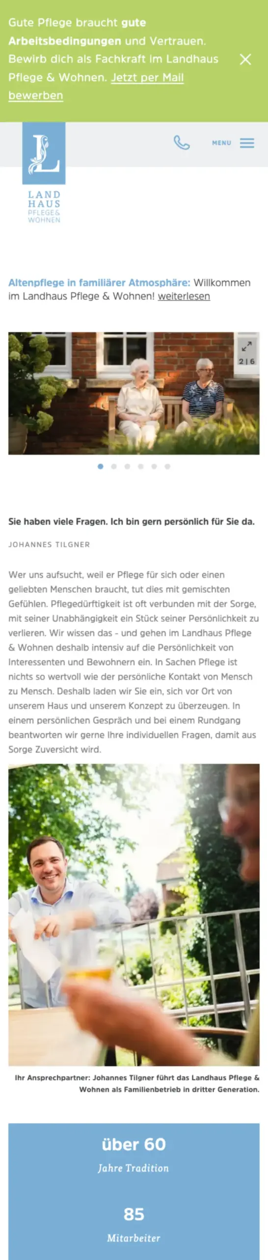 Website von Landhaus Pflege & Wohnen, Hannover in der Mobilansicht