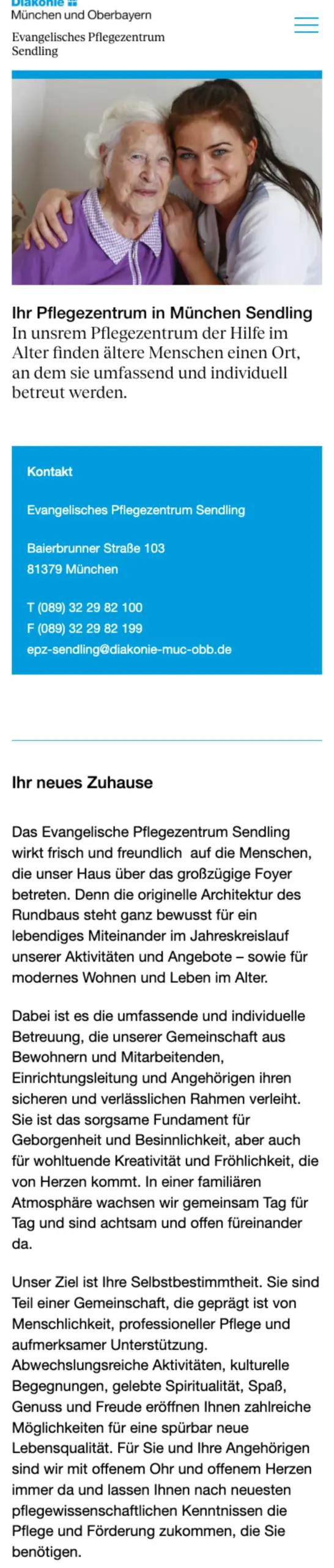 Website von Pflegezentrum Sendling, München in der Mobilansicht