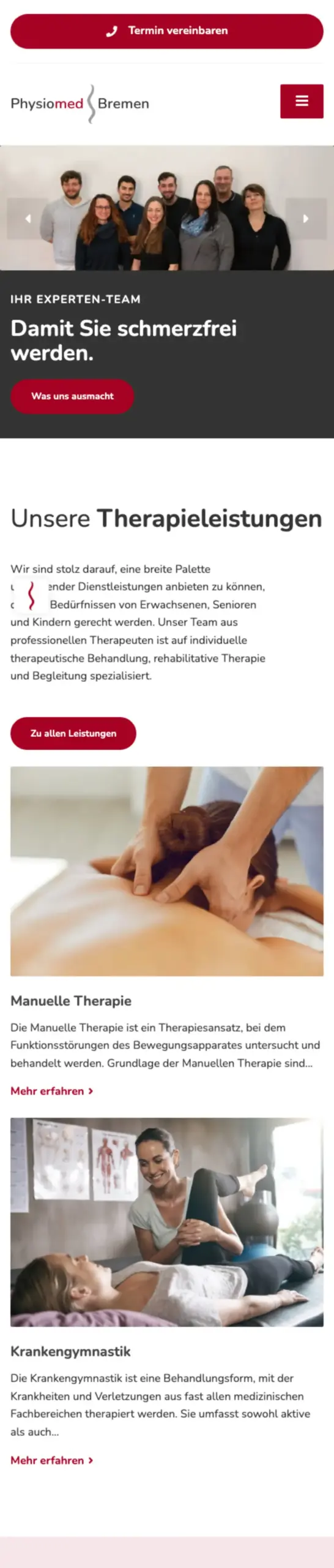 Website von Physiomed Bremen, Bremen in der Mobilansicht