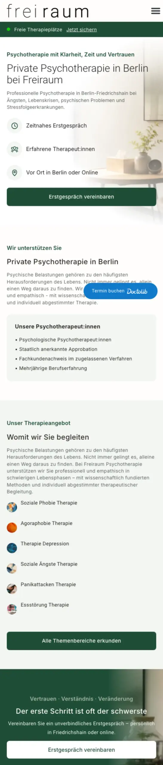 Website von Freiraum Psychotherapie Berlin, Berlin in der Mobilansicht