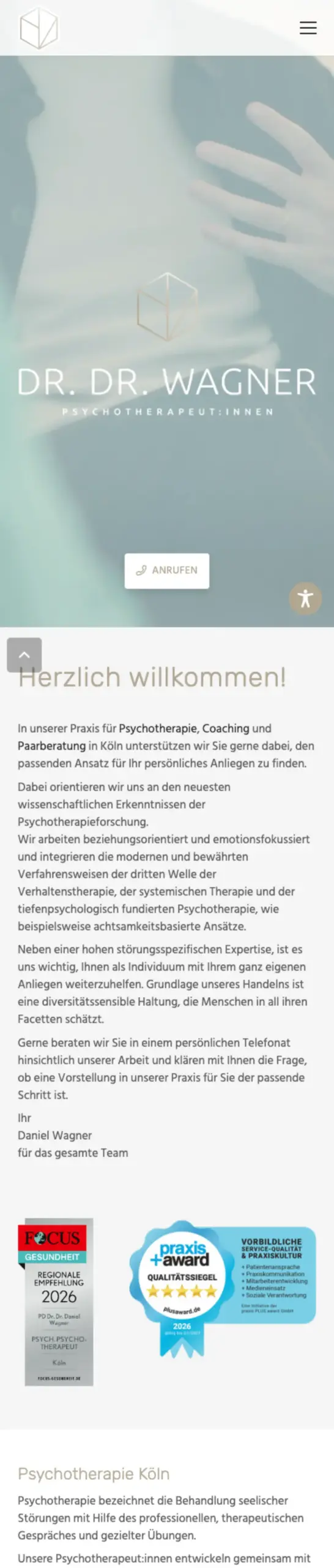 Website von Dr. Dr. Wagner – Psychotherapeut:innen, Köln in der Mobilansicht