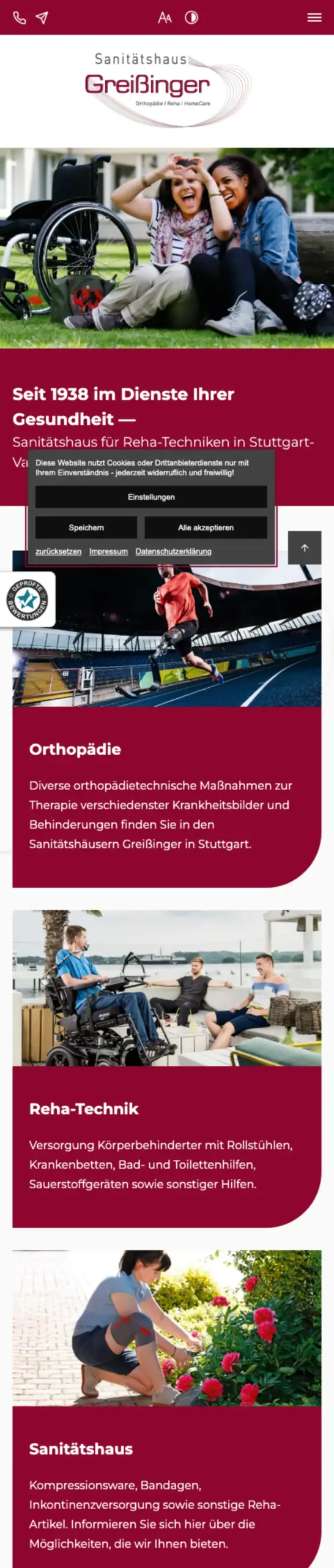 Website von Sanitätshaus Greißinger GmbH, Stuttgart in der Mobilansicht
