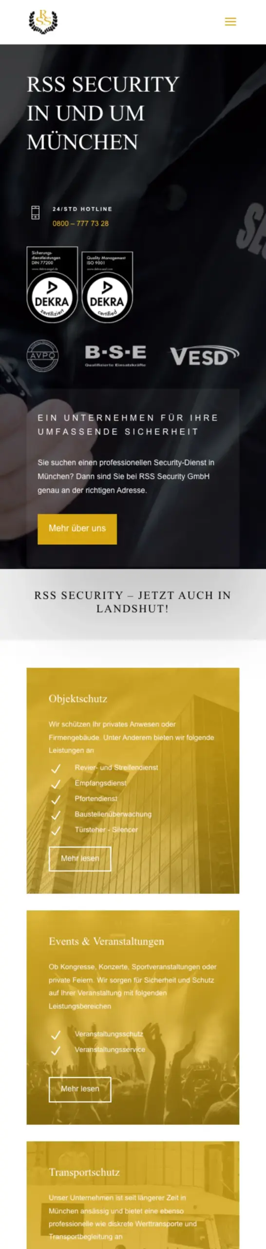 Website von RSS Security GmbH, München in der Mobilansicht