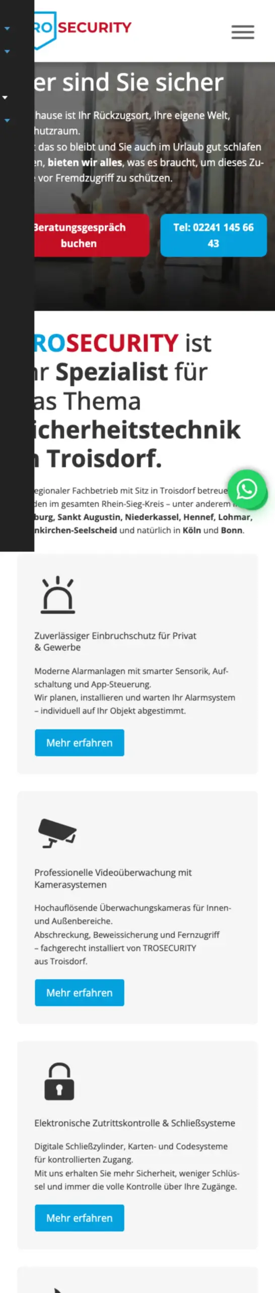 Website von Trosecurity in Troisdorf, Rhein-Sieg-Kreis in der Mobilansicht