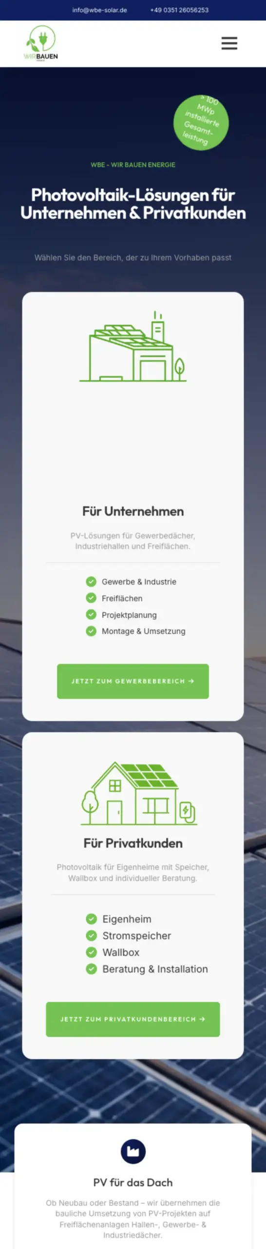 Website von WBE Solar, Dresden in der Mobilansicht